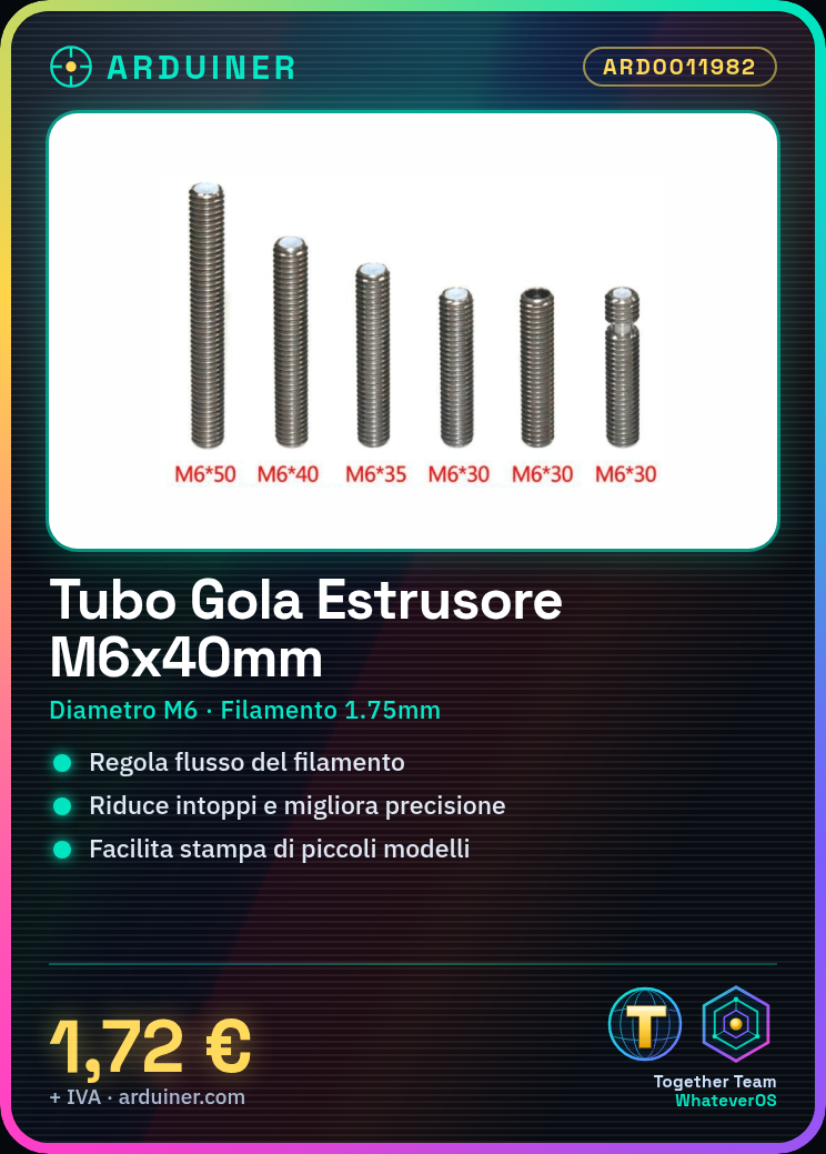 Tubo Gola Estrusore M6x40mm per Filamento 1.75mm - Stampante 3D (Versione 2) - immagine 2