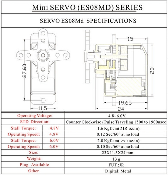 Mini Digital Servo Motor ES08MD 12g 2kg.cm with Metal Gear - Image 2