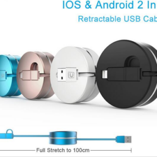 Cavo retrattile 2 in 1 Mini Box per caricamento e trasferimento dati compatibile con Android e iPhone. SKU ARD009949, € 9,59.