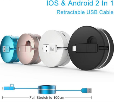 Cavo retrattile 2 in 1 Mini Box per caricamento e trasferimento dati compatibile con Android e iPhone. SKU ARD009949, € 9,59.